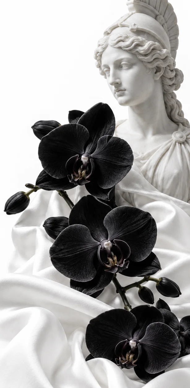 Marble statue of Athena in a crested helmet, draped in white silk, with a spray of black orchids